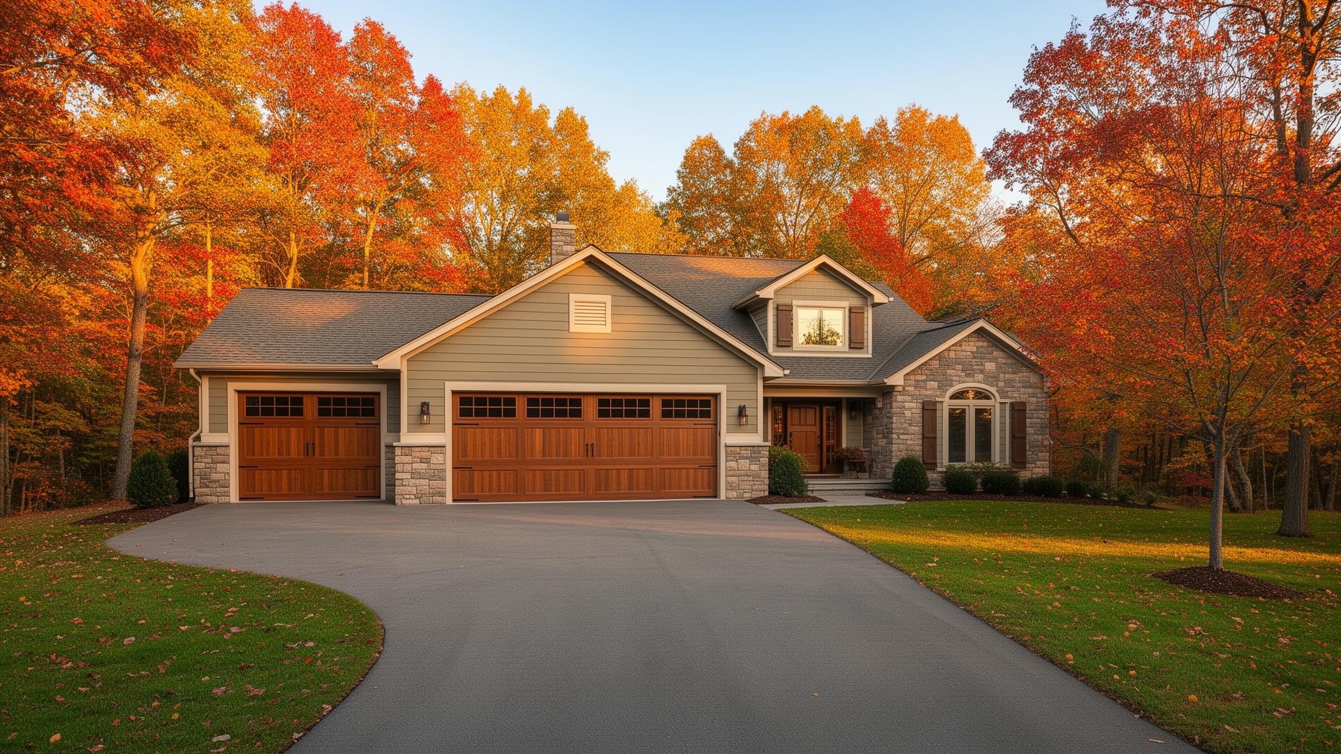 Premium insulated steel garage doors with wood overlay on beautiful ranch home in Newmarket NH